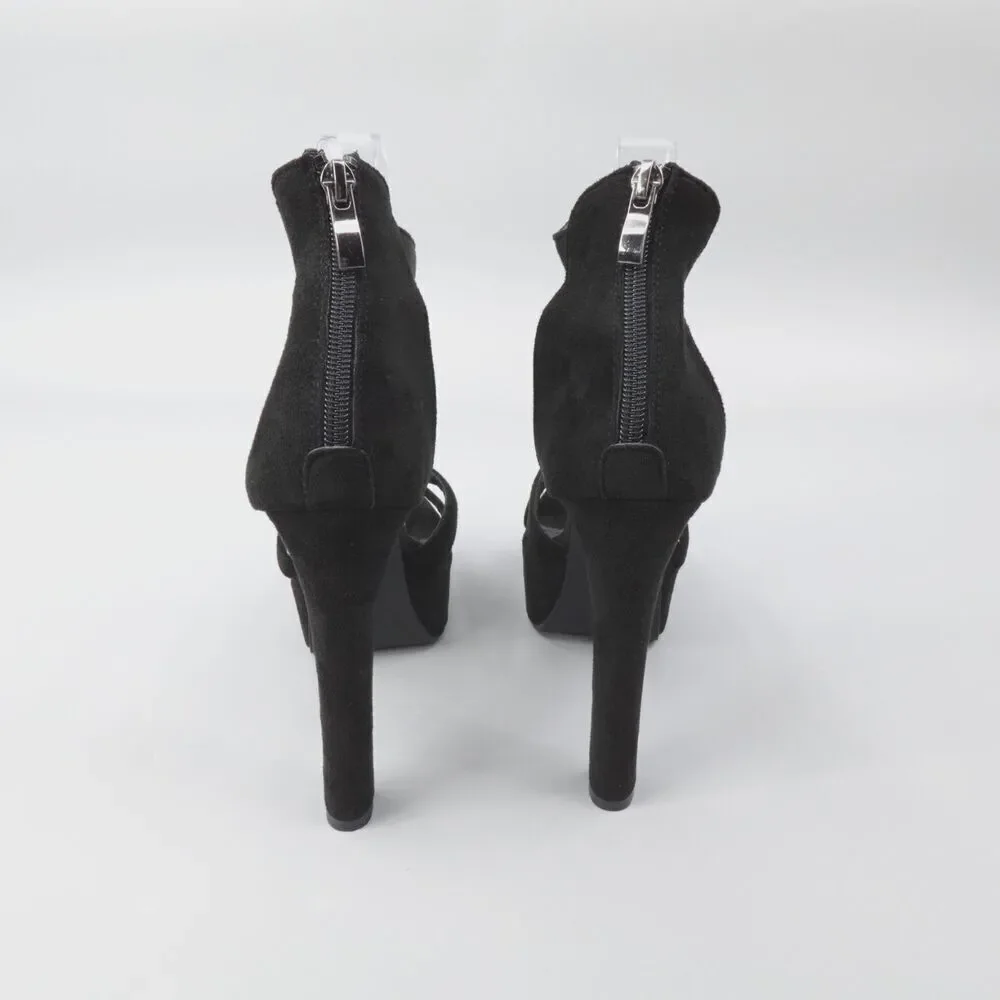 Black Chunky Platform Heels Size 7 Faux Suede Ankle Strap Pumps NIB